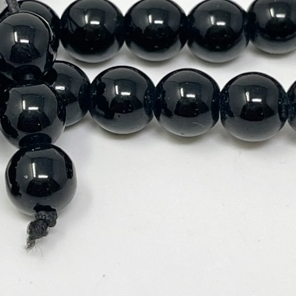 Black Beaded Mala Necklace with Tiger Eye & Gold Script Bead – 36” Prayer Beads